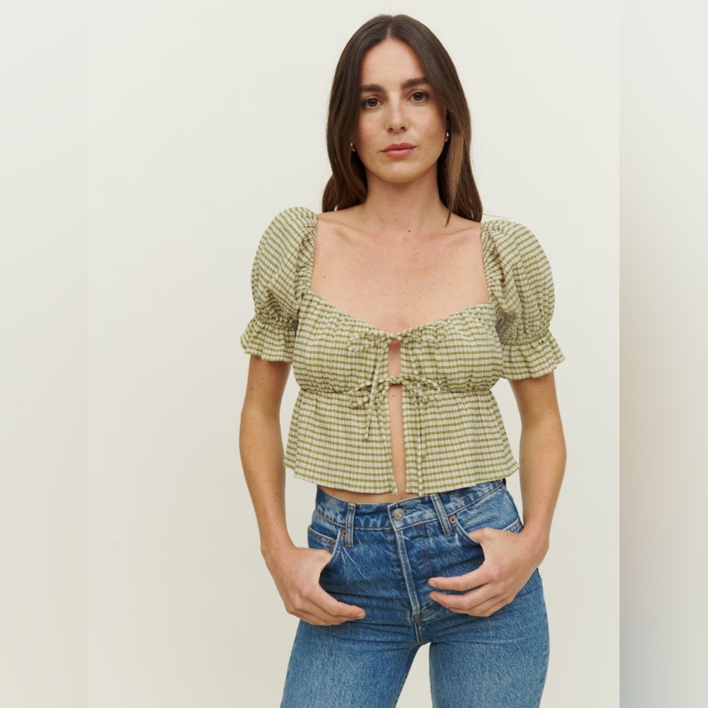 Reformation Green Plaid Puff Sleeve Top